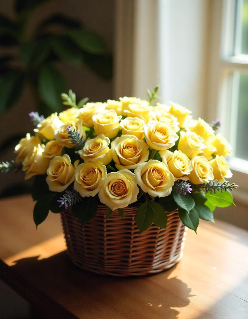 Golden Elegance – Basket of 50 Yellow & White Roses