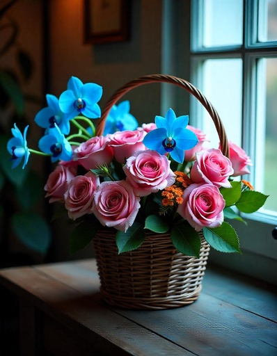 [B-15-PR-ORCHD-8] Peach & Blue Elegance Basket