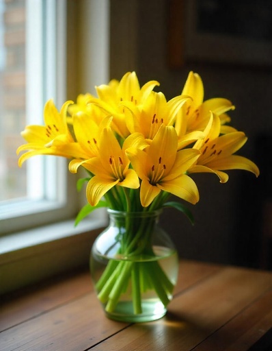[N-15-Y-LILLY-VASE-8] 15 Yellow Lilies in a Keepsake Vase