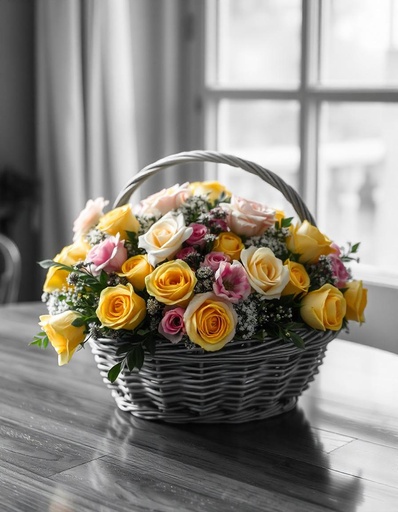 [PN-B-15YR-5PGER-8] Basket of Yellow Roses & Pink Gerberas