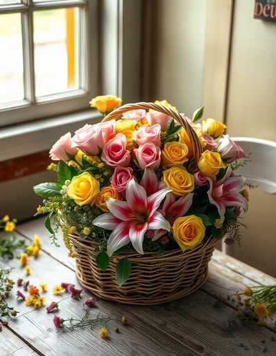 [PN-B-20YR-R-3L-8] Basket of Pink & Yellow Roses with Lilies