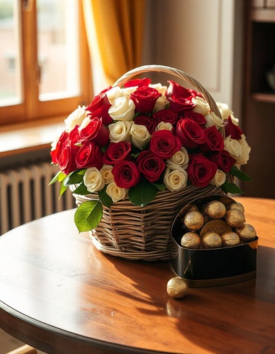 [PN-B-25-WR-R-16FER-8] Basket of 25 White & Red Roses with Ferrero Rocher