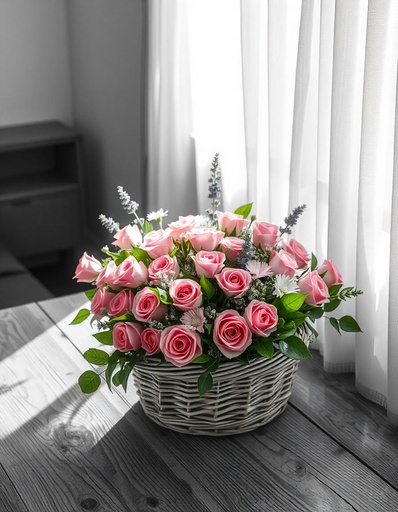 [PN-B-30-P-R-8] Graceful Peach Bliss – Basket of 30 Peach Roses 🌸✨