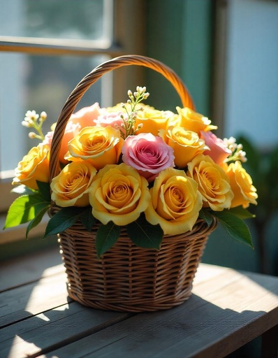 [PN-B-30-YP-R-8] Sun-Kissed Delight – Basket of 30 Yellow & Peach Roses 🌞