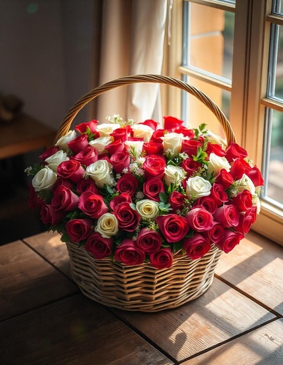 [PN-B40-RW-R-HEART-8] Heartfelt Elegance – Basket of 40 Red & White Roses ❤️🤍