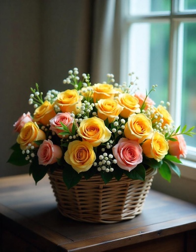 [PN-B-50-YP-R-8] Blushing Sunshine – Basket of 50 Yellow & Pink Roses 🌸🌞